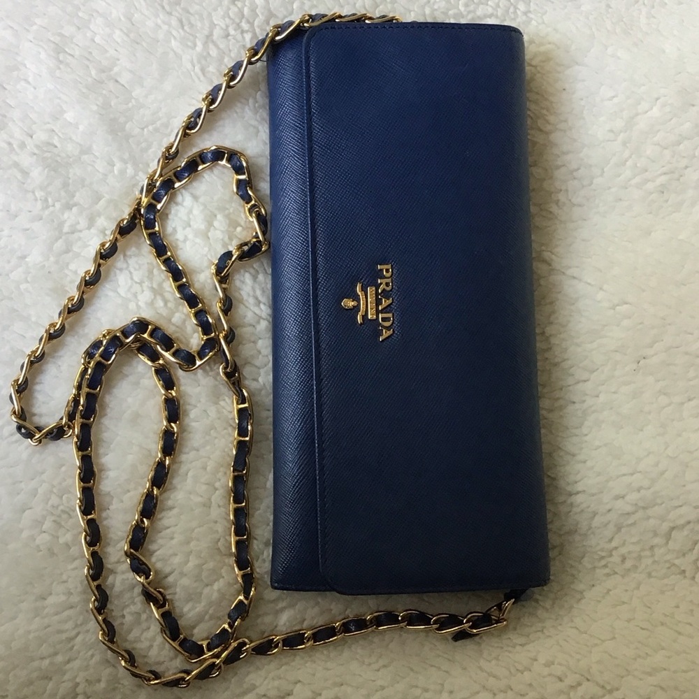 Prada Navy Leather Clutch with Gold Chain
